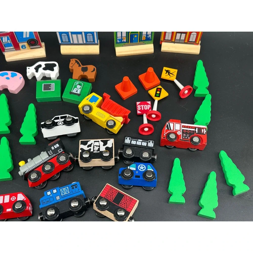 Large Lot Wooden Train Set Accessories People Cars Signs Trees Animals Buildings